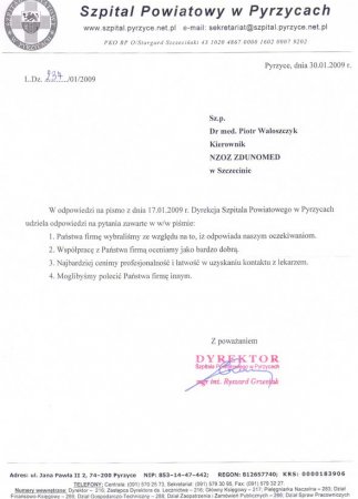 Referencje od Szpitala Powiatowego w Pyrzycach