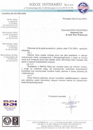 Referencje od NZOZ Intermed Sp. z o.o.